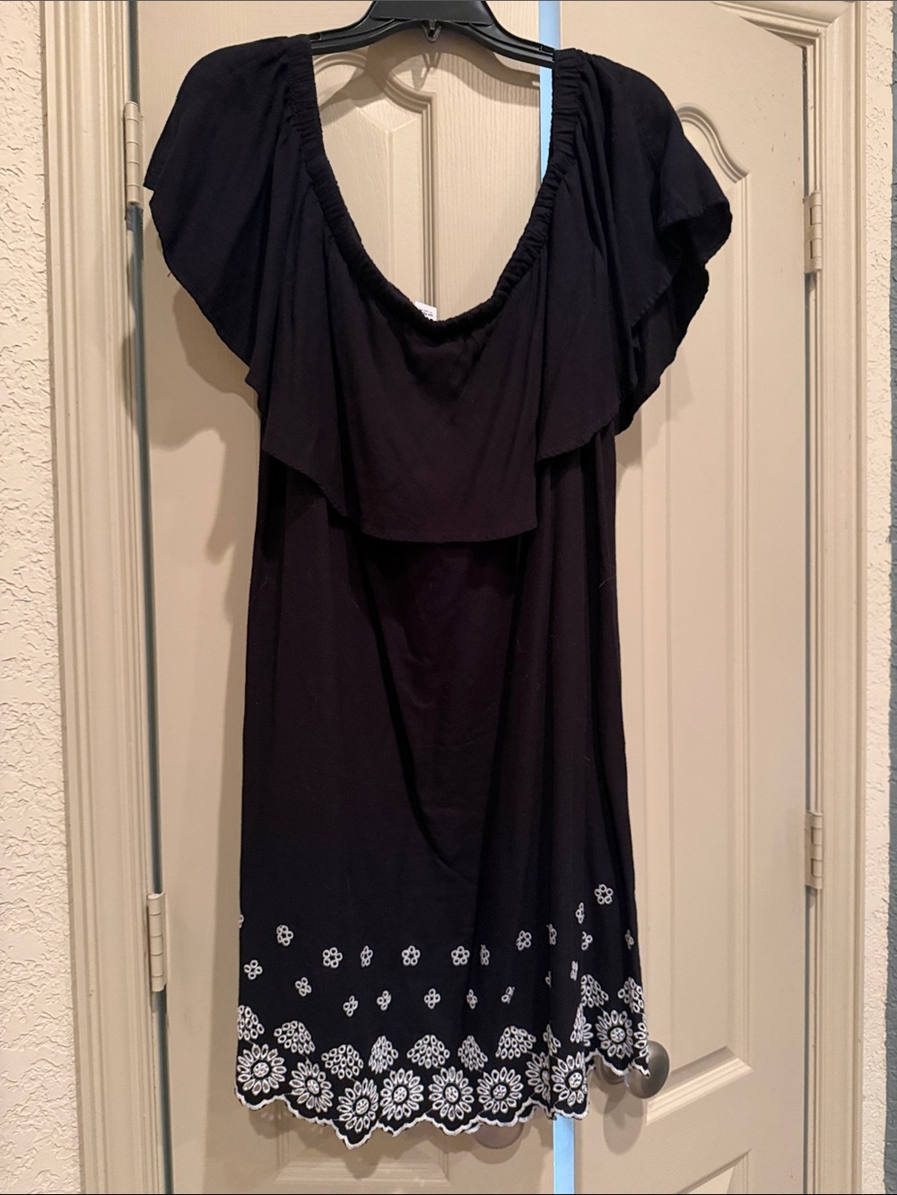 Old Navy Black Off-Shoulder Tunic with White Embroidered Hem
